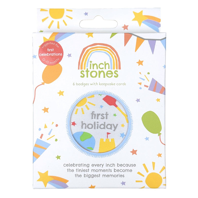 Packaging of Inch Stones badges with 'first holiday' design on a white background