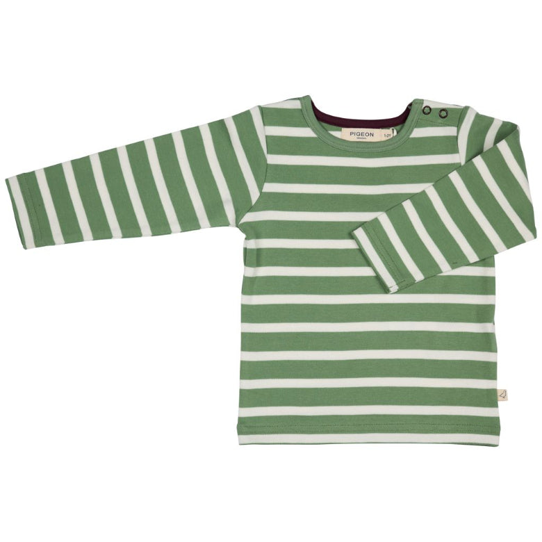 A children's long-sleeve striped top in sage green and white, laid flat against a white background. The brand name 'PESCIUM' is visible on the inner neck label.