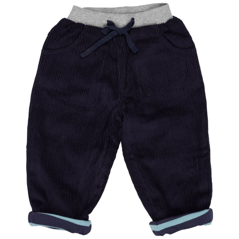 Navy blue corduroy pants for toddlers, featuring a gray elastic waistband, navy drawstring, and light blue lining visible at the rolled cuffs.