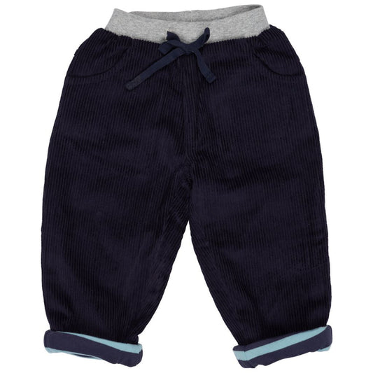 Navy blue corduroy pants for toddlers, featuring a gray elastic waistband, navy drawstring, and light blue lining visible at the rolled cuffs.