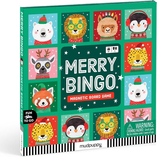 Merry Bingo Magnetic Board Game box by mudpuppy, featuring a festive green background with colorful illustrated animals in holiday sweaters and scarves. The front shows the title 'MERRY BINGO' with age icons, and the side and bottom edges show additional animal illustrations and a warning label.