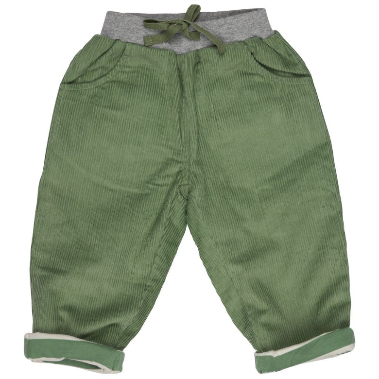 Green corduroy pants for toddlers, featuring a gray elastic waistband with a matching green drawstring, side pockets, and rolled cuffs showing a white lining.