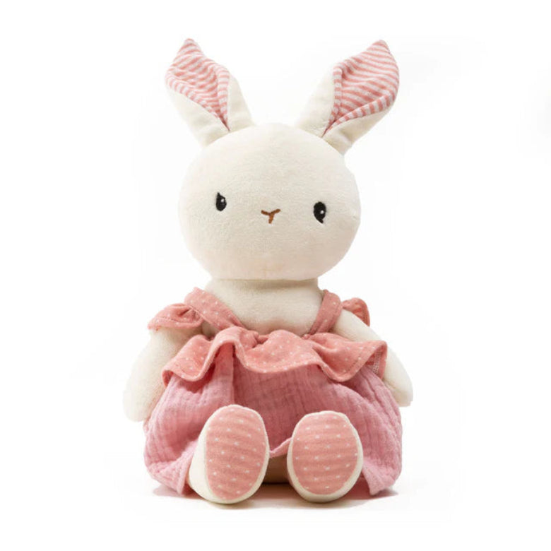 Stuffed animal toy with pink dress and striped ears on a white background