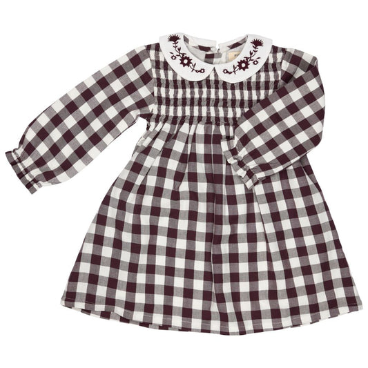 A long-sleeve baby dress with a dark brown and white gingham check pattern, featuring a smocked bodice and a white Peter Pan collar with dark brown floral embroidery.