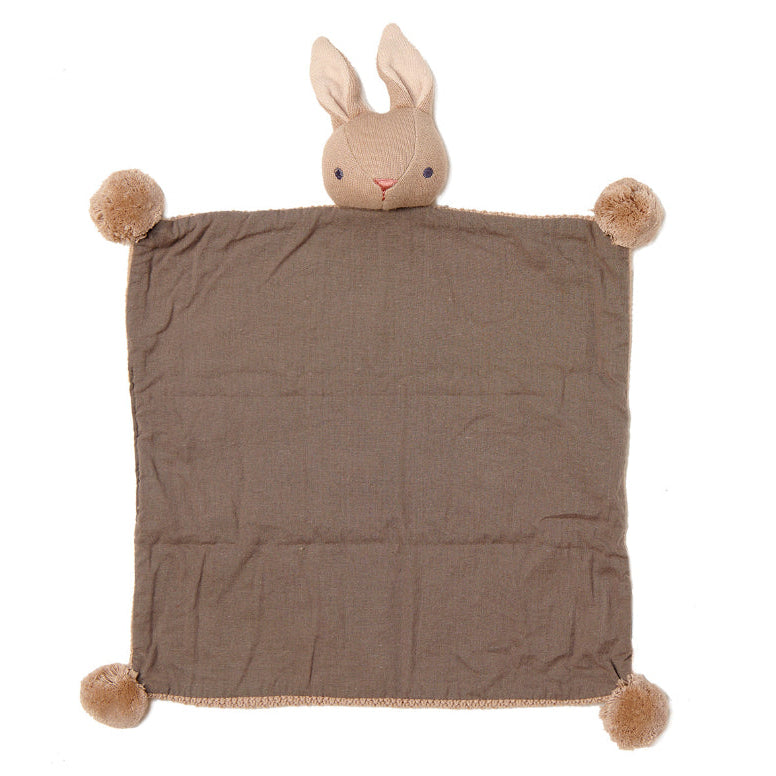 Brown plush rabbit toy with a matching blanket on a white background