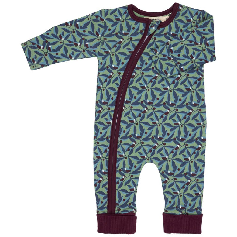 Children's onesie with a leaf pattern and zipper on a white background