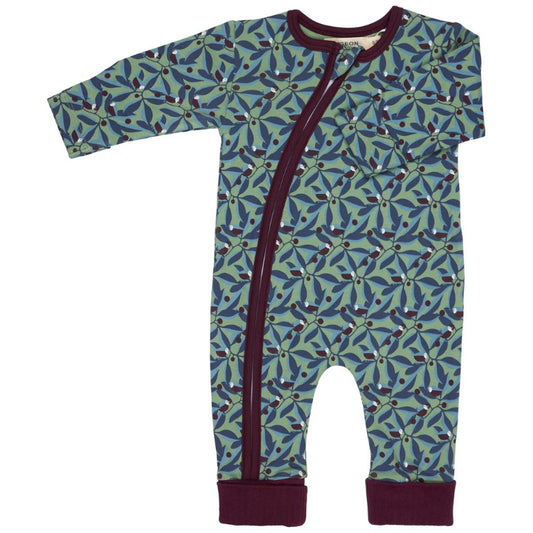 Children's onesie with a leaf pattern and zipper on a white background