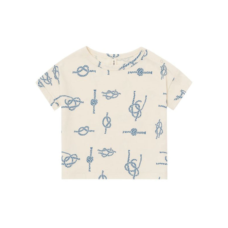 Beige t-shirt with blue knot pattern on a white background