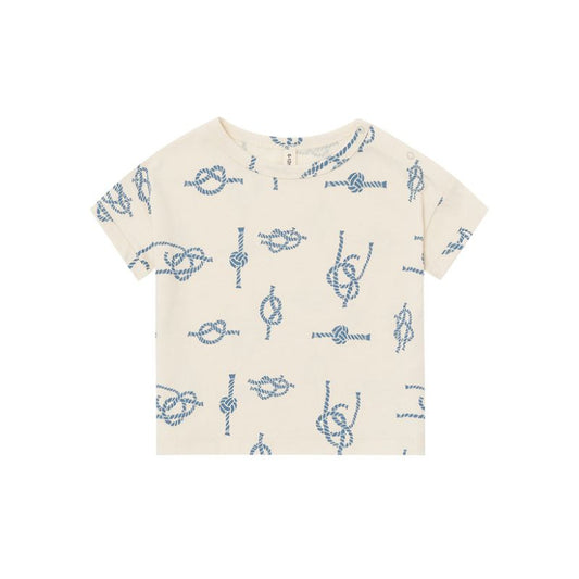 Beige t-shirt with blue knot pattern on a white background