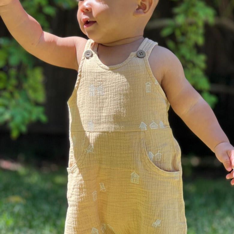 Golden Beach Huts Gauze Summer Romper by Ettie H REBEL ROSE ETHICAL KIDS STORE Rebel Rose