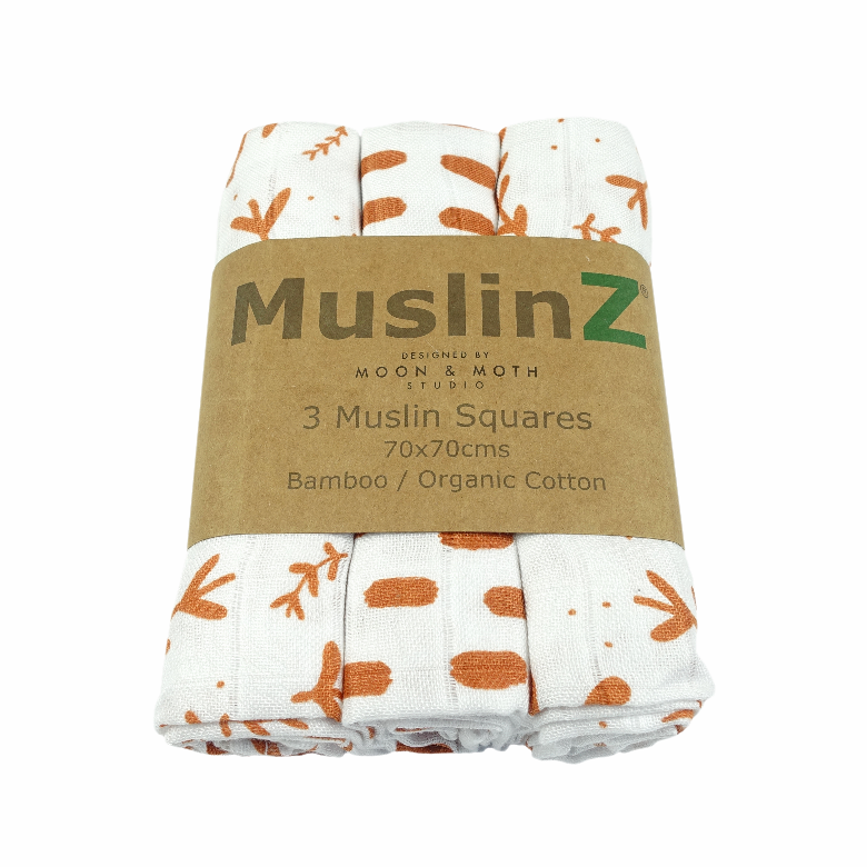 MuslinZ 3 Pack Bamboo/Organic Cotton Muslin  Squares – Laurel Leaf/ Spot Print