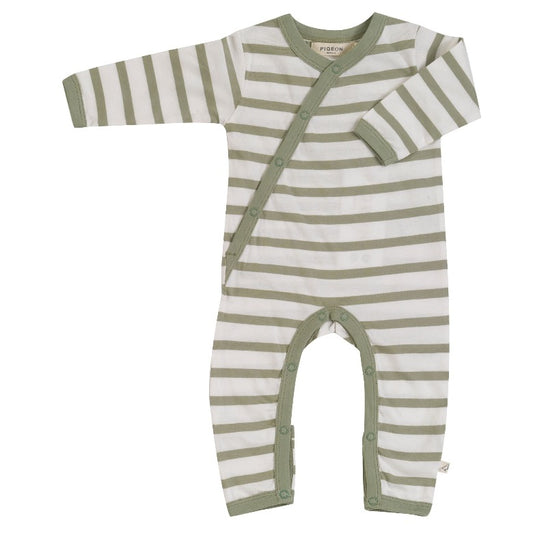 Tea Green Breton stripe Kimono Romper by Pigeon Organics